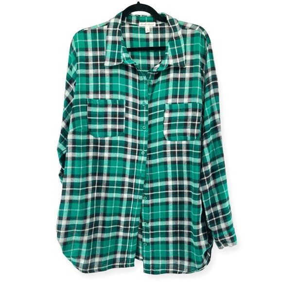 Derek Heart Women’s Black Green Checkered Plaid Tunic Button Up Flannel Top 3X - Picture 1 of 13